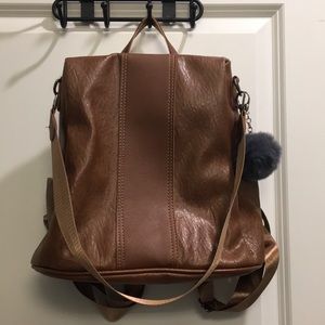 Vegan leather saddle brown theft-proof backpack